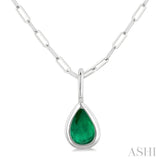 6x4 MM Bezel Set Pear Cut Emerald Precious Fashion Pendant With Paperclip Chain in 14K White Gold