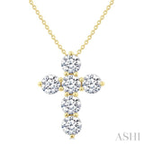 2 Ctw Round Cut Diamond Christian Cross 6-Stone Fashion Pendant With Chain in 14K Yellow Gold
