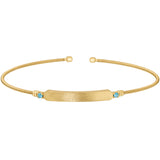 Gold Finish Silver Cable Cuff Bracelet with Name Plate and Simulated Aquamarine Birth Gems - March