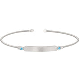 Rhodium Finish Sterling Silver Cable Cuff Bracelet with Name Plate and Simulated Aquamarine Birth Gems - March