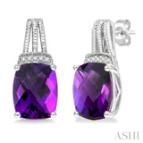 1/50 Ctw Looped Round Cut Diamond & 9x7MM Cushion Cut Amethyst Semi Precious Earring in Sterling Silver