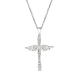 Platinum Finish Sterling Silver Micropave Angel Wings Cross with Simulated Diamonds on 16