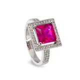 Platinum Finish Sterling Silver Micropave Simulated Ruby Princess Cut Ring with 57 Simulated Diamonds