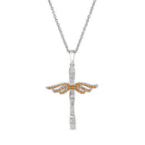 Platinum Finish Sterling Silver Micropave Angel Wings Cross With Simulated Citrine & Diamonds On 16" - 18" Adjustable Chain