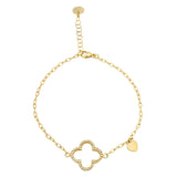 Gold Finish Sterling Silver Micropave Cable Link Bracelet With A Central Clover With Simulated Diamonds - Adjustable 7"-8"