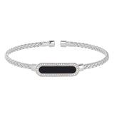 Rhodium Finish Sterling Silver Basketweave Cable Cuff  Bracelet With An Oval With Simulated Diamonds And An Onyx Stone