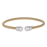 Gold Finish Sterling Silver Basketweave Cable Cuff  Bracelet With Rhodium Finish Ends With Simualated Diamonds And A Pearl