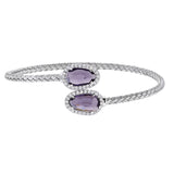 Rhodium Finish Sterling Silver Basketweave Cable Cuff  Bracelet With Simulated Diamonds And A Lilac Stone On Each End