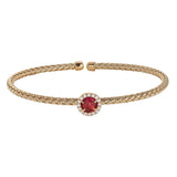 Gold Finish Sterling Silver Basketweave Cable Cuff  Bracelet With A Round Pink Stone And Simulated Diamonds