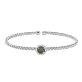 Rhodium Finish Sterling Silver Basketweave Cable Cuff  Bracelet With A Round Blue Stone And Simulated Diamonds