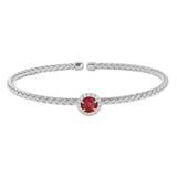Rhodium Finish Sterling Silver Basketweave Cable Cuff  Bracelet With A Round Pink Stone And Simulated Diamonds