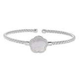 Rhodium Finish Sterling Silver Basketweave Cable Cuff  Bracelet With A Flower Shaped Mop Stone And Simulated Diamonds